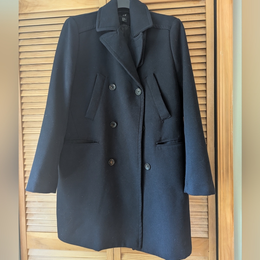 H&M Double Breasted Deep Navy Winter Pea Coat Trench Overcoat Dress Coat Mens